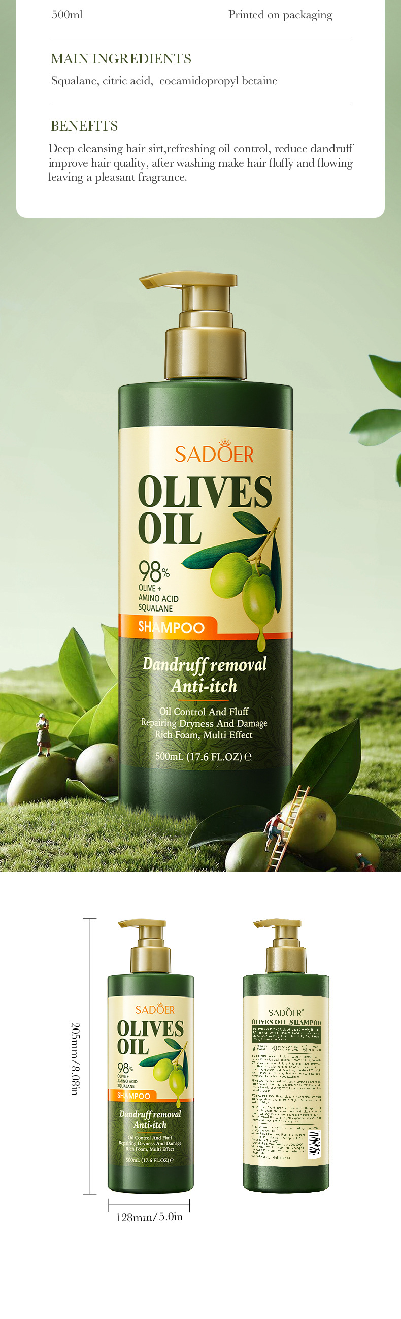 Szampon przeciwłupieżowy i kontrolujący wydzielanie sebum SADOER dla kobiet (zapach Gulong) – seria kosmetyków do pielęgnacji skóry z oliwą z oliwek, szampon 500 ml, żel pod prysznic 500 ml, odżywka 500 ml_voghion.com