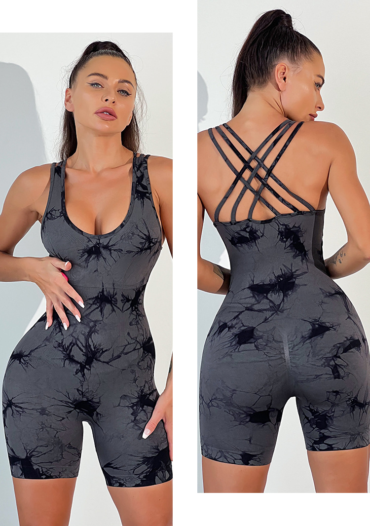 Combinaison de Yoga tout-en-un pour femmes, teinture par nouage, sans manches, élastique, levage des hanches, sport serré, séchage rapide_voghion.com