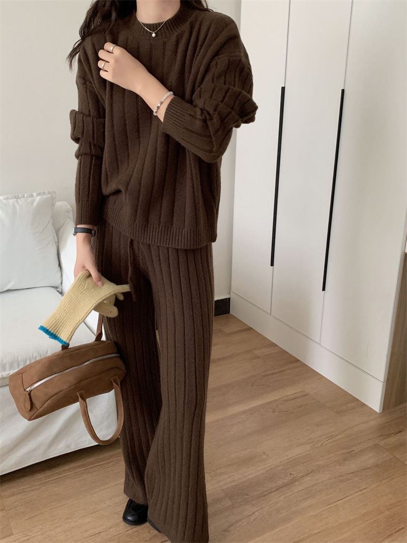 Plus Size Knit Sweater & Wide Leg Pants Set - Soft Ribbed Pullover & Flowy Lounge Trousers, Oversized Comfort Outfit For Women_voghion.com