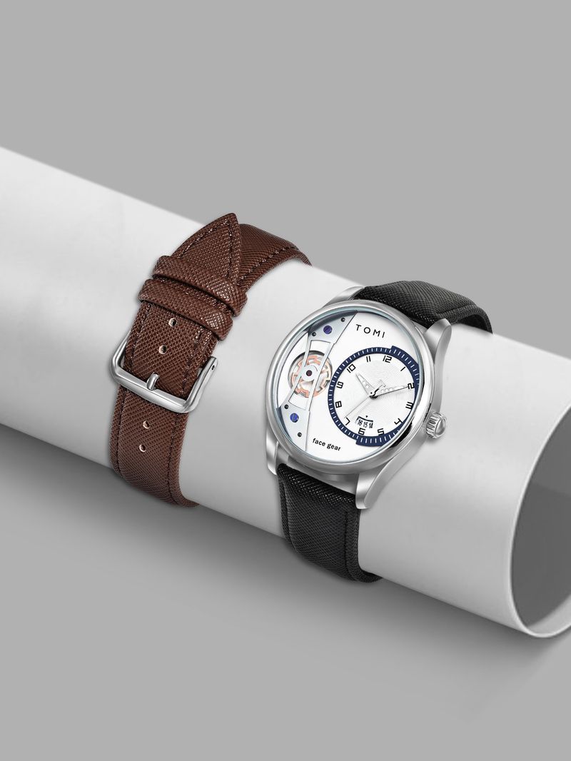 Men's Classic Quartz Watch With Genuine Leather Strap, Minimalist Design, Stainless Steel Buckle, Perfect For Business And Casual Wear_voghion.com