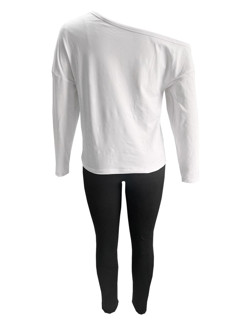 Women’s Clothing Spring and Summer New Casual Contrast Off shoulder Denim Butterfly Decorated Long sleeved Top Color blocked Pants Two piece Set_voghion.com