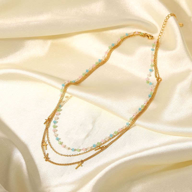 INS Wind Gold Plated Stainless Steel Colorful Stone Ball Chain Cross Tassel Pendant Three Layer Necklace for Women_voghion.com