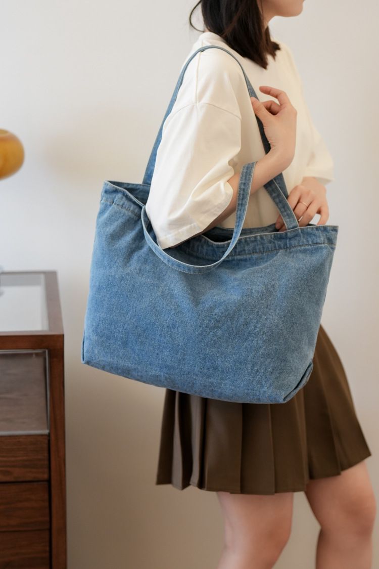 Denim Bag Women's Shoulder Bag Large Capacity Solid Color Washed Denim Bag Student Commuter Shoulder Bag Female Art Casual Handbag_voghion.com