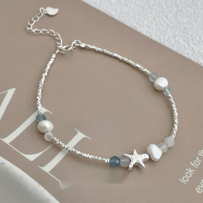 Women’s Summer Starfish Natural Pearl Charm Bracelet - Niche Fresh Design With Fragmented Silver & Aquamarine Accents_voghion.com