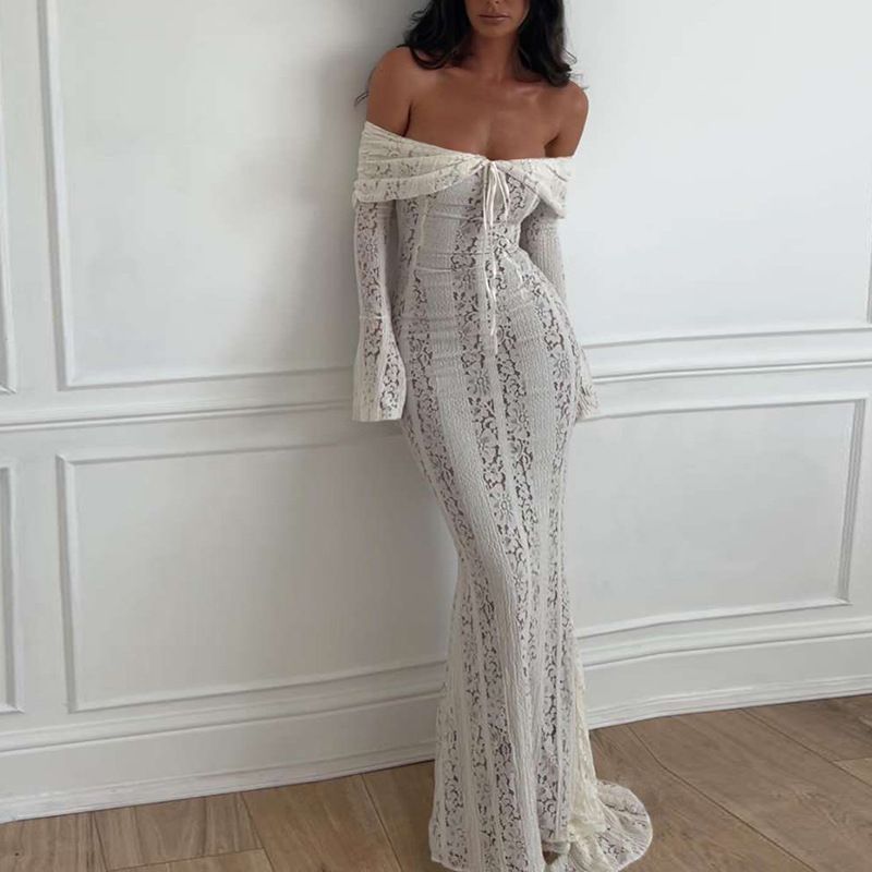 Women's Clothing Off-Shoulder Lace Mermaid Dress – Long-Sleeve Sexy Bodycon Gown (White/Black/Pink/Beige)_voghion.com