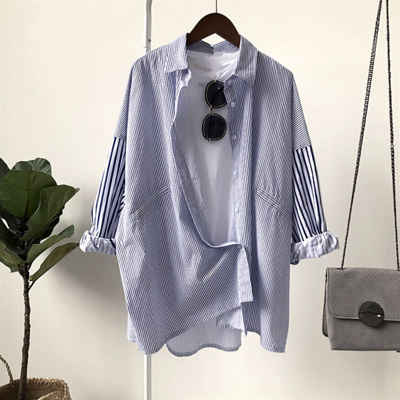 Women's Clothing Autumn striped shirt women's mid length long sleeved large size student versatile loose boyfriend style jacket village clothes_voghion.com