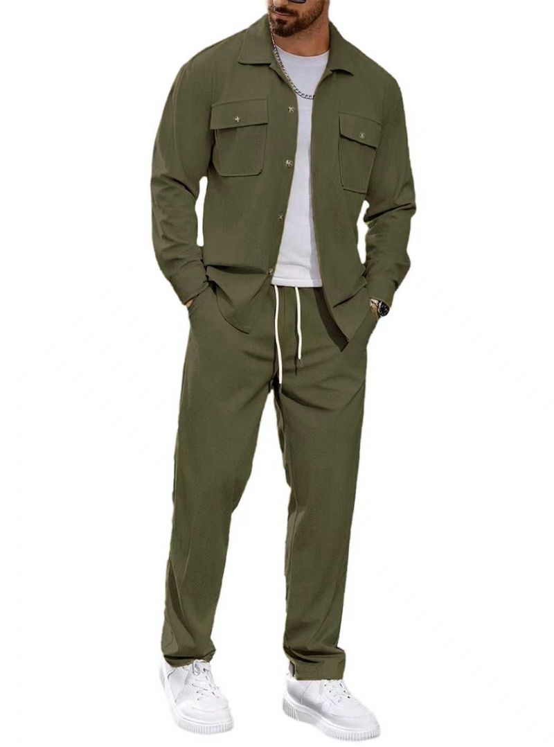 Completo sportivo casual da uomo in due pezzi con semplice giacca con risvolto, tasca con bottoni e pantaloni dritti_voghion.com