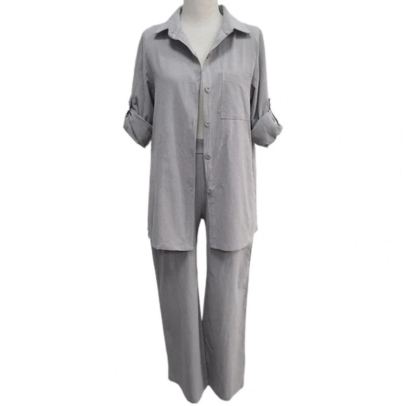 Zweiteiliges Set aus langärmligem Cardigan-Oberteil und Hose mit Revers für Damen_voghion.com