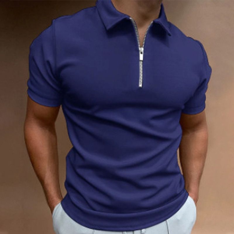 2024 Nueva camiseta polo de color sólido con estampado 3D de moda informal con cremallera de manga corta para hombre_voghion.com
