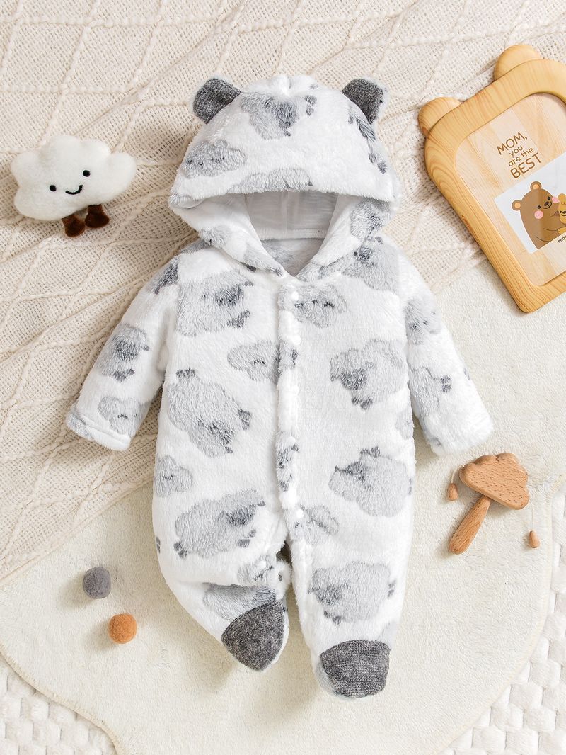 Mother & Kids Soft Fleece Baby Jumpsuit With Adorable Cartoon Prints - Long Sleeve Hooded Romper For Newborn To 12 Months (A-Class Safety Certified)_voghion.com