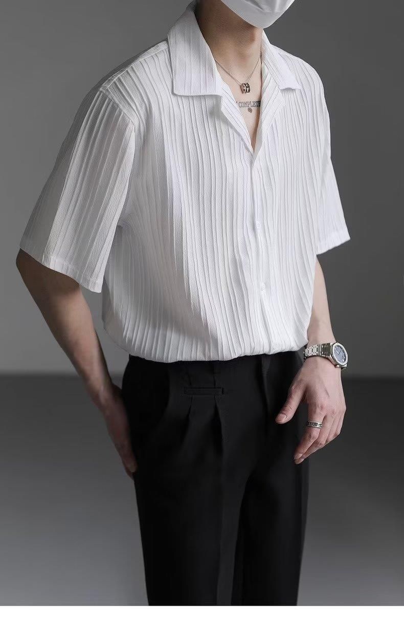 Camicia casual da uomo, leggera, stile maturo, in seta ghiacciata, con colletto drappeggiato, a maniche corte, bianca_voghion.com