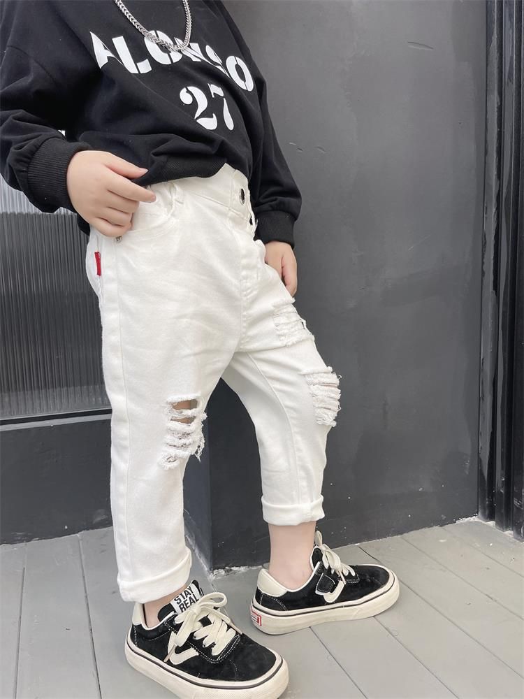 Kid's Clothing Children's pants new black and white trousers baby wear slim fit hole style trendy pants stretch cotton jeans_voghion.com