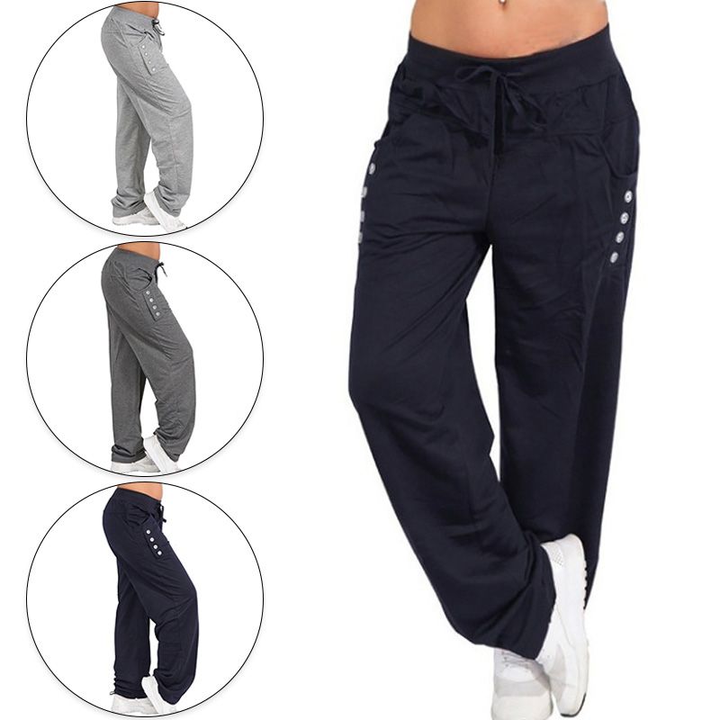 Pantalones deportivos de talla grande para mujer, de color sólido, con cordón, largos, informales, holgados, con cintura elástica, pantalones activos, pierna ancha_voghion.com