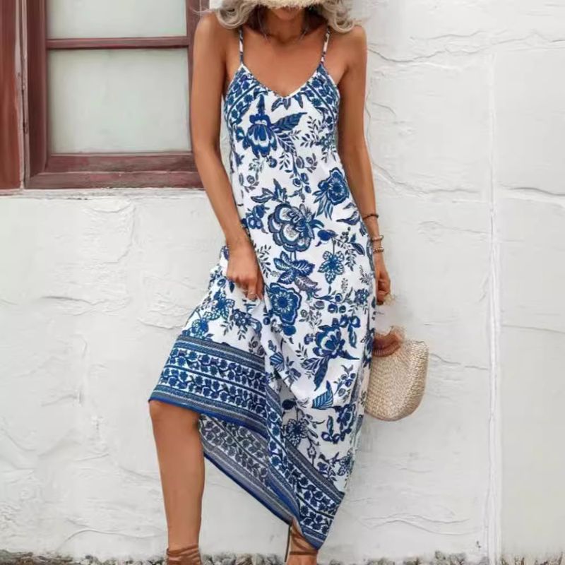 2024 Summer Sexy Backless V-neck Slim Fit Elegant Floral Strap A-line Beach Dress_voghion.com