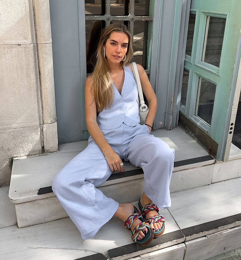 Women's Clothing Summer New Blue Cotton And Linen Sleeveless Vest Vest Trousers Suit_voghion.com