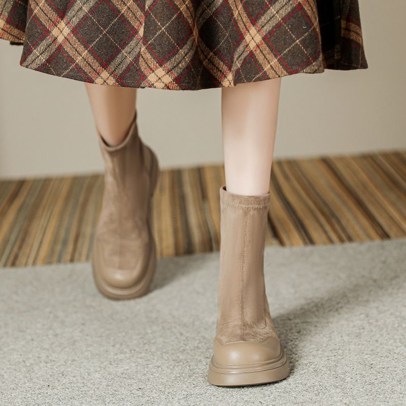 Botas femininas de camurça estilo coreano, bico redondo, meia curta, sola grossa, plataforma, elástica, slim, outono inverno, novas botas Martin_voghion.com
