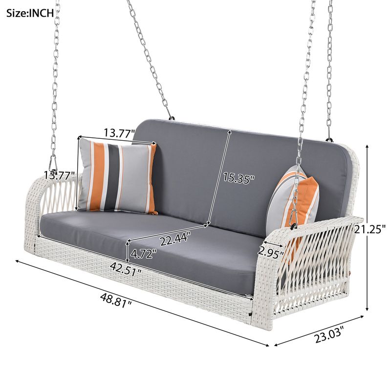 PE Wicker Porch Swing, 2-Seater Hanging Bench With Chains, Patio Furniture Swing For Backyard Garden Poolside_voghion.com