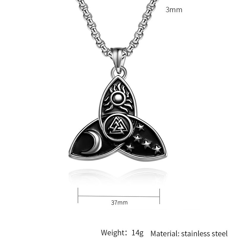 Collier en acier titane avec pendentif en forme de triangle nordique celtique, étoile, lune, soleil, mythe d'Odin_voghion.com
