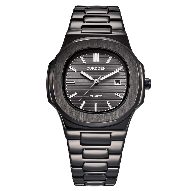 Herrenuhr mit Stahlband, modisch, goldfarben, Datum, Quarzuhr_voghion.com