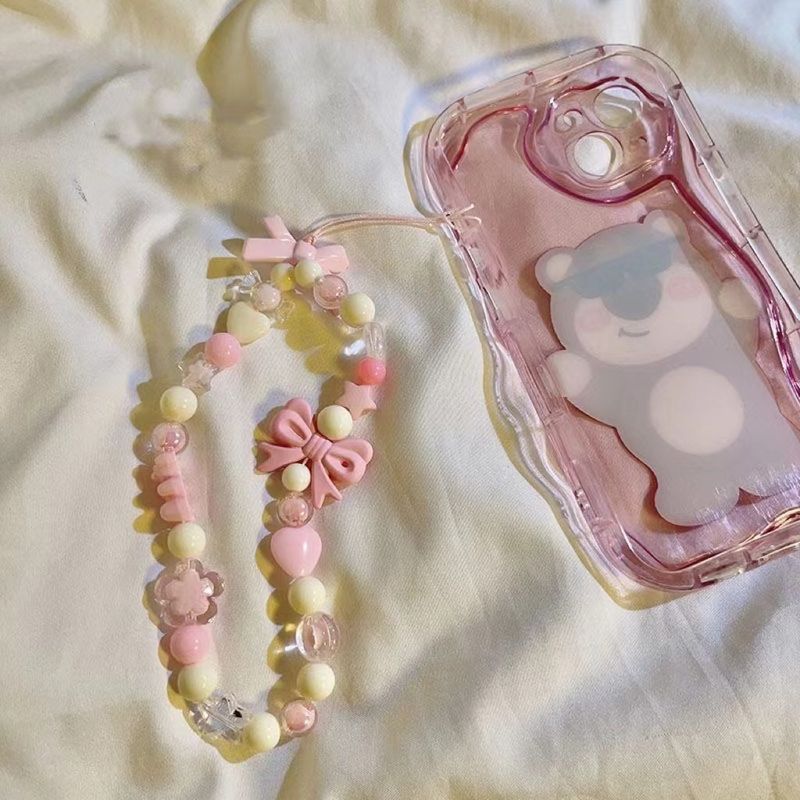 Lanière de poignet en forme de cœur et de nœud pour téléphone portable, breloques de dessin animé, anti-perte, perles, corde faite à la main, porte-clés suspendu_voghion.com