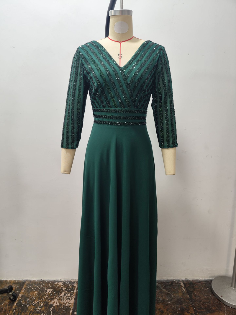 Women's chiffon double V-neck long skirt A-line large hem sequined stitching evening dress_voghion.com