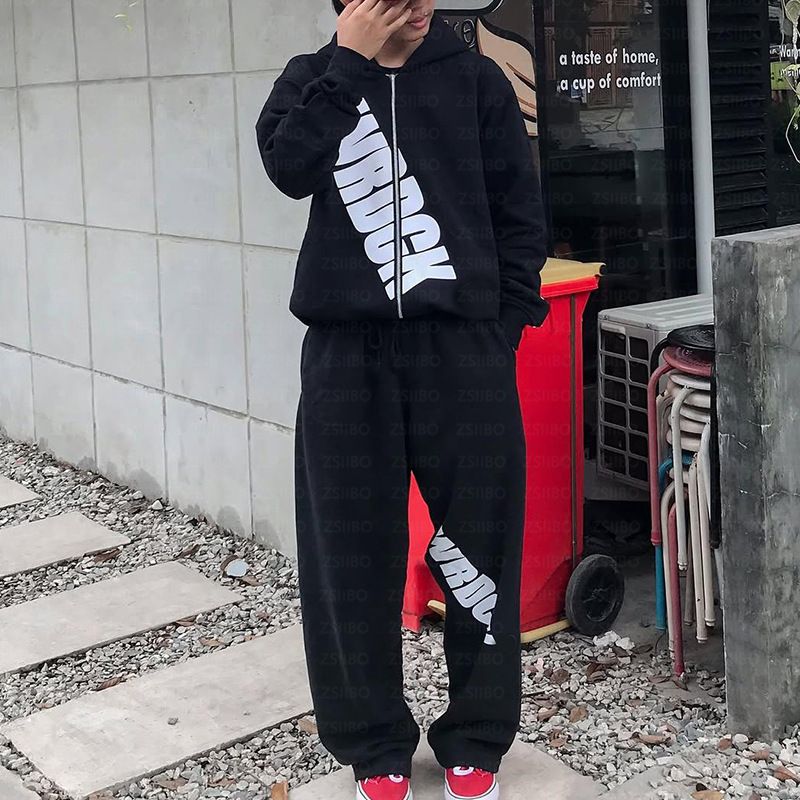 High Street-Kapuzenpullover mit Reißverschluss und Buchstabendruck für Herren und Damen – trendiges Pullover-Sweatshirt- und Jogginghosen-Set (schwarzes Oberteil und Hose, S-XL)_voghion.com