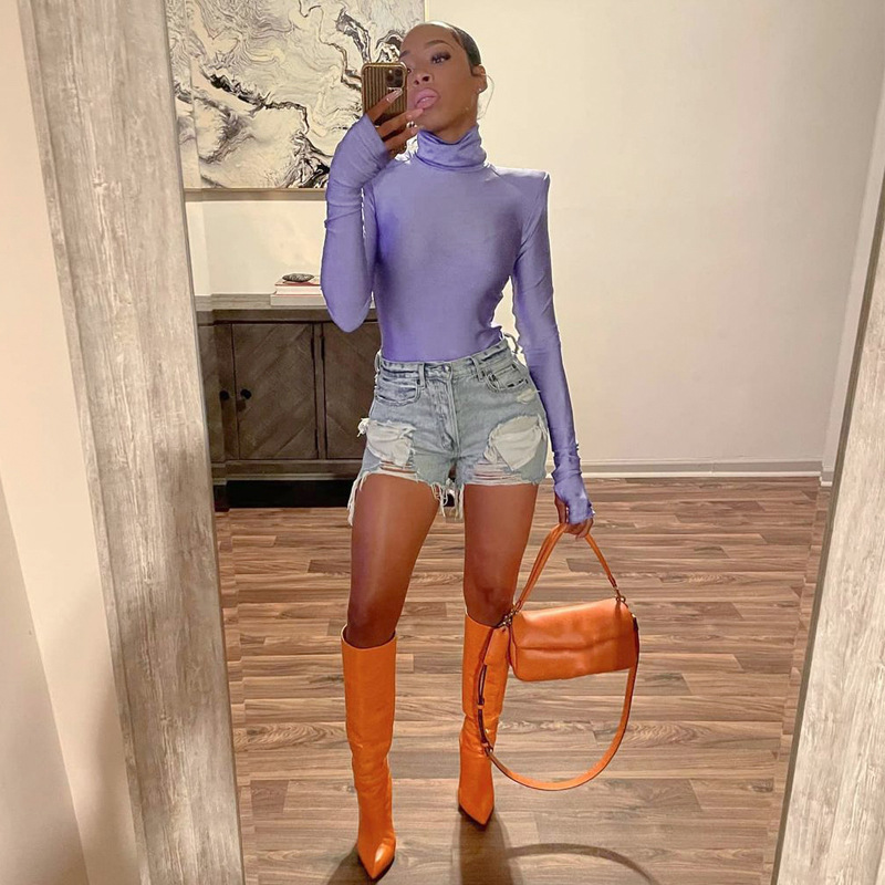 Damesmode Hoge hals Jumpsuits met lange mouwen Mouwen Slim Fit body's_voghion.com