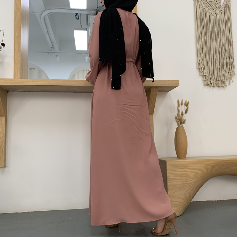 Roupas femininas nova moda muçulmana lapela cor sólida botão completo vestido fino saia longa_voghion.com