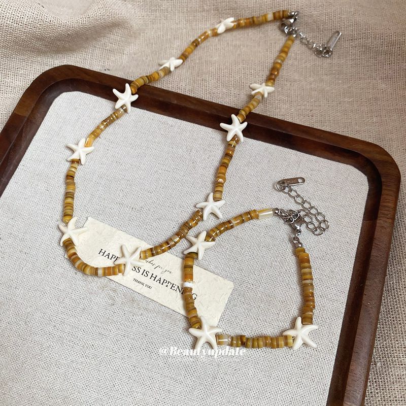 Collar de cuentas de estrella de mar, piedra de concha de acero de titanio, pulsera, estilo vacaciones de playa, cadena de clavícula, lujo ligero de alta gama_voghion.com