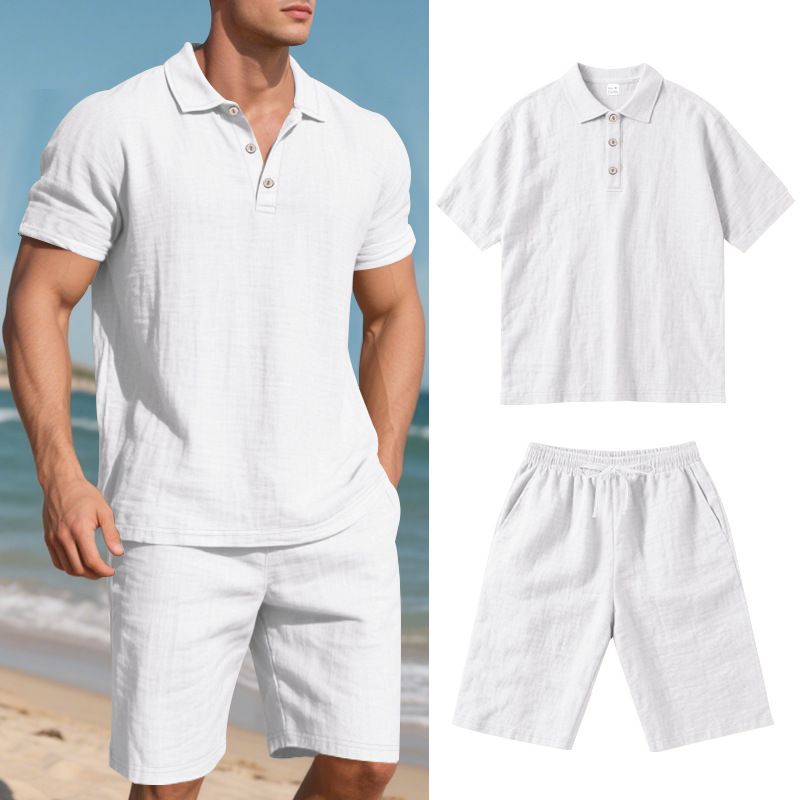 Ensemble polo et short de plage à manches courtes pour homme, style américain, ample, décontracté, respirant, en lin_voghion.com