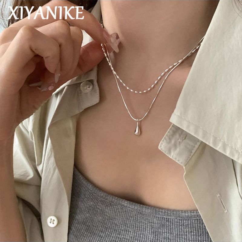 XIYA Minimalistische Doppelschicht-Halskette mit Wassertropfen-Anhänger für Frauen, koreanische Mode, neuer Schmuck, Geschenk für Freunde, Party, Collier_voghion.com