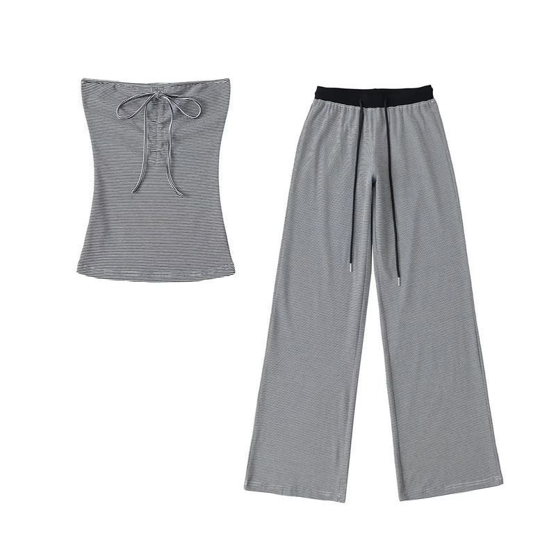 Strapless gestreepte tube trekkoord vest top lage taille gedrapeerde rechte vloerlange broek set_voghion.com