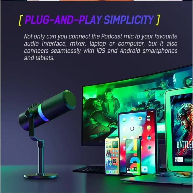 USB/XLR Dynamische Microfoon Touch-mute Hoofdtelefoonaansluiting & Volumeregeling, voor Youtube PC Game Geluidskaart Opname Metaal -LM20_voghion.com
