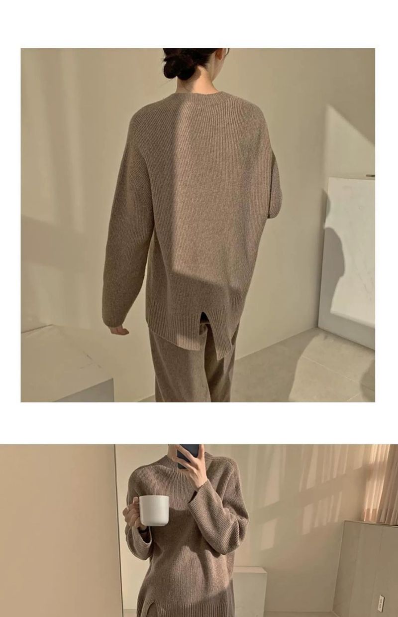 Korean Solid Color Knitted 2024 Autumn Winter New Split Sweater Straight Tube Loose Wide Leg Pants Two Piece Set for_voghion.com