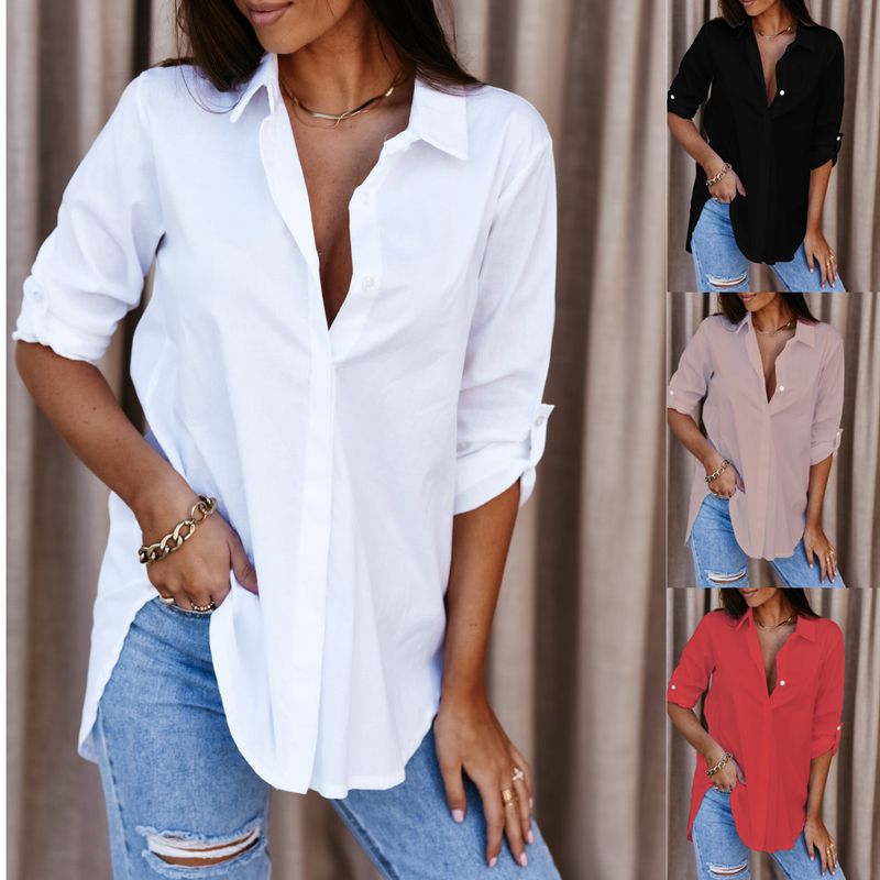 Blusa abbottonata con scollo a V, manica lunga e semplice, da donna, autunnale_voghion.com