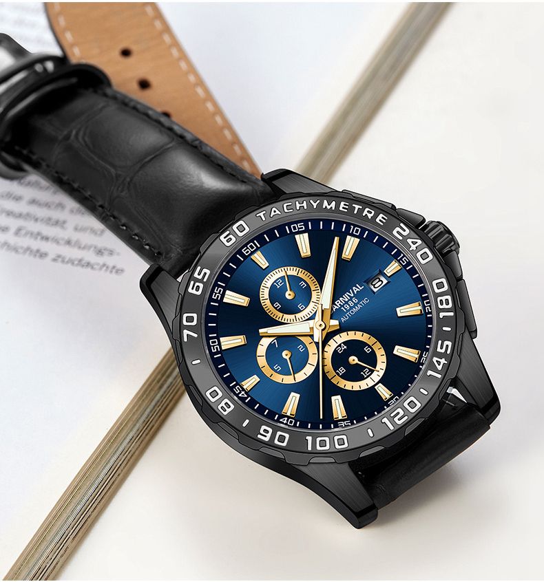 CARNIVAL Montres mécaniques multifonctions pour hommes, montre automatique à double calendrier, bracelet en cuir, lumineuse, étanche_voghion.com