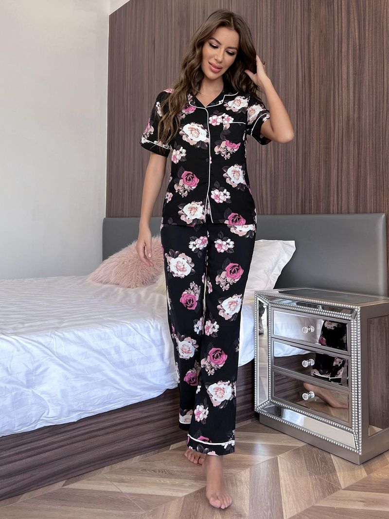Pyjama Dames Zomer Plantenprint Korte Mouw Shirt Lange Broek Tweedelige Set Huiskleding Pamas_voghion.com