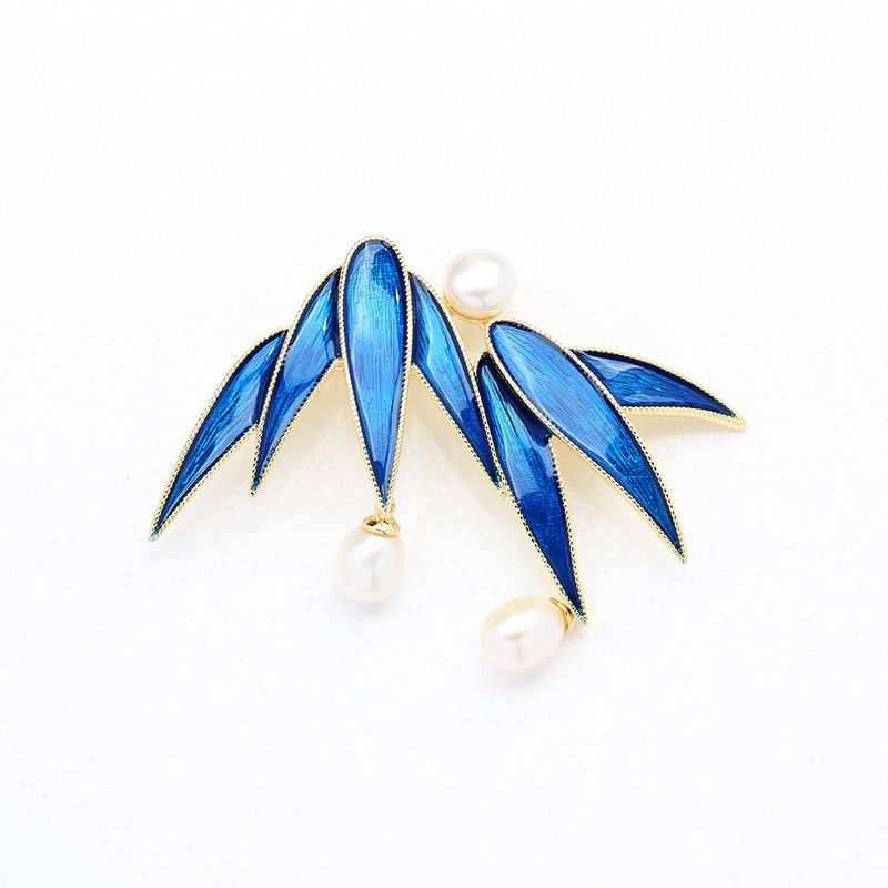 Simple Oil Drop Blue And Green Bamboo Leaf Brooch Temperament Anti-light Imitation Pearl Pin Men's And Women's Models_voghion.com
