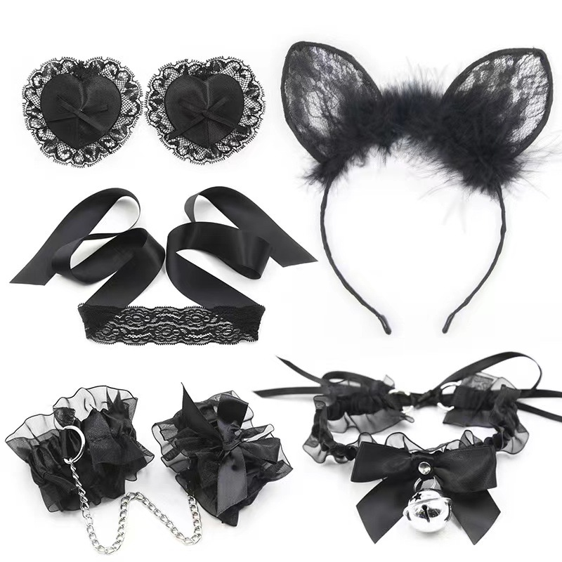 Set di pizzo bendato alternativo appassionato Set da 3 pezzi Set da 15 pezzi Manette in pizzo Collare per capezzoli SM Bondage Giocattolo sessuale_voghion.com