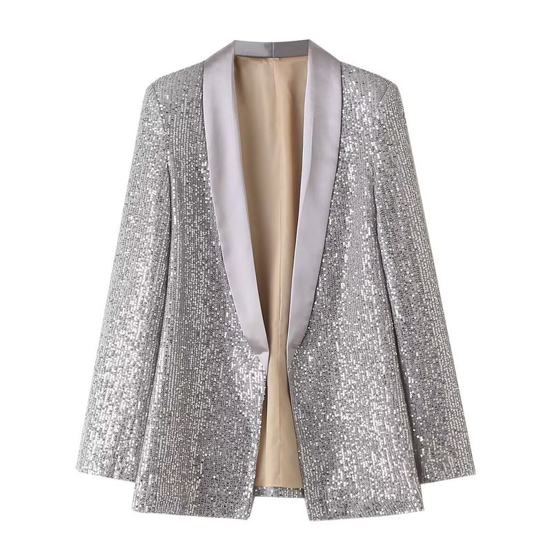 Blazer elegante a maniche corte con paillettes e motivo a pendolare, modello ZR, primavera 2024_voghion.com