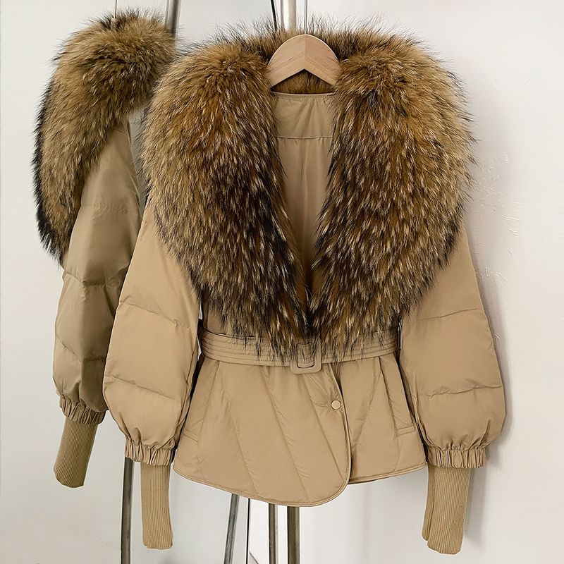 Women's Slim Fit Down Jacket With Detachable Fox Fur Collar, Warm Winter Coat For Petite, Mid-Length Puffer Coat With Belt_voghion.com