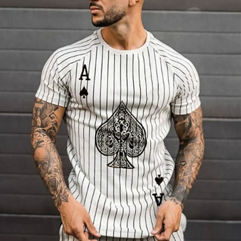 Maglietta leggera da uomo a maniche corte con scollo rotondo casual, a righe e stampa 3D, con asso di picche, estate 2024_voghion.com
