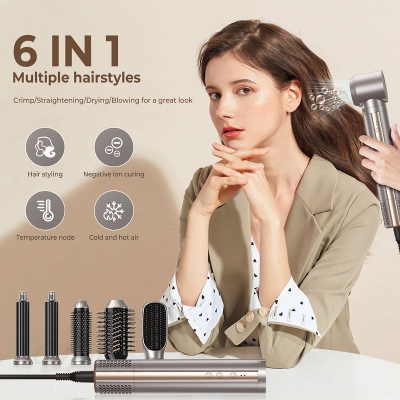 Asciugacapelli multifunzione 6 in 1 ad alta velocità Asciugacapelli multifunzione Capelli ricci lisci standard americani ed europei Pettine ad aria calda a doppio uso commercio estero_voghion.com