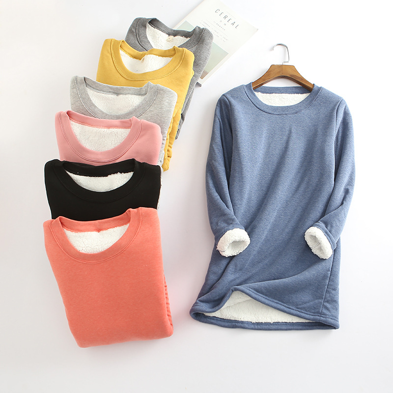 T-shirt med fleecebas för kvinnor lång tjock stor storlek lammfleeceskjorta slimmad varm topp_voghion.com