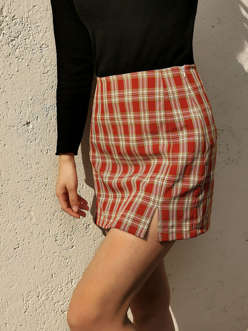Gonna scozzese a vita alta da donna con gonna avvolgente all'anca e spacco_voghion.com