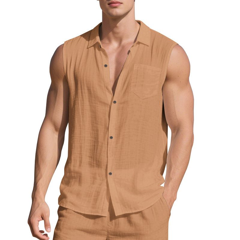 Herren Sommer Neue Lose Leinen Einfache Casual Ärmellose Strickjacke Strand Hemd_voghion.com