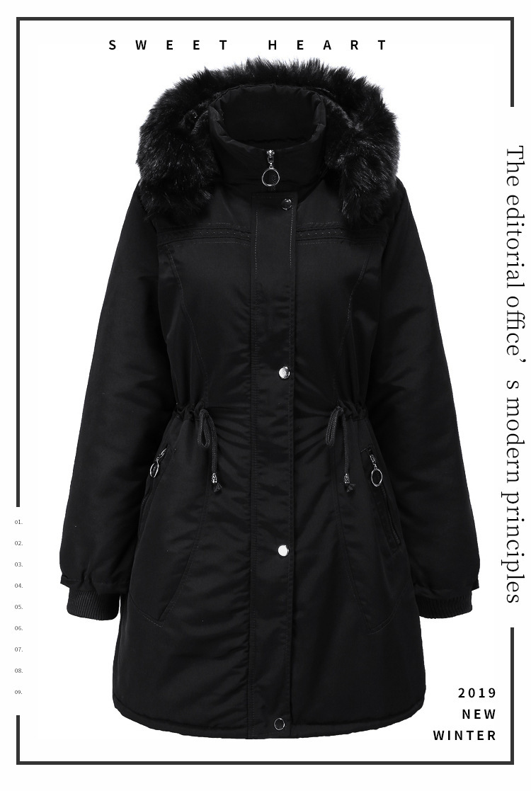 high-end women's cotton fleece mid-length black large size hooded cotton jacket warm fleece coat_voghion.com