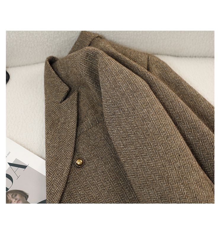 Herringbone Wool-Like Blazer (Mid-Length, Double-Breasted, Stretch Comfort, S-XXXL, Fall/Winter Office & Casual Coat, Poly-Spandex Blend)_voghion.com