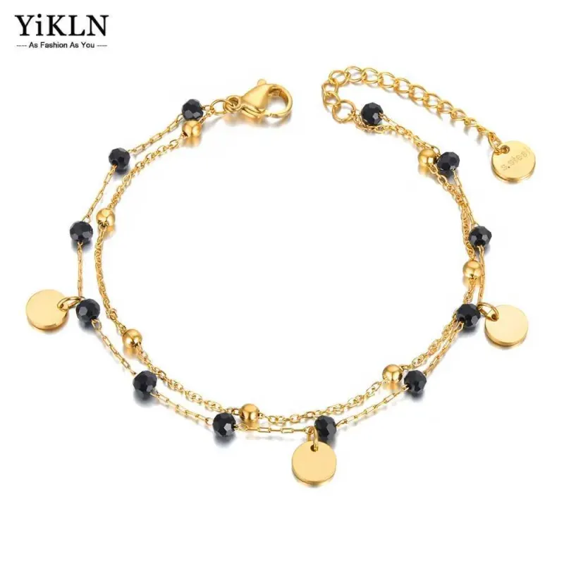YiKLN Bohemian Titanium Stainless Steel Double Layer Womens Bracelet Original Design Black Crystal Chain Jewelry YB21117_voghion.com