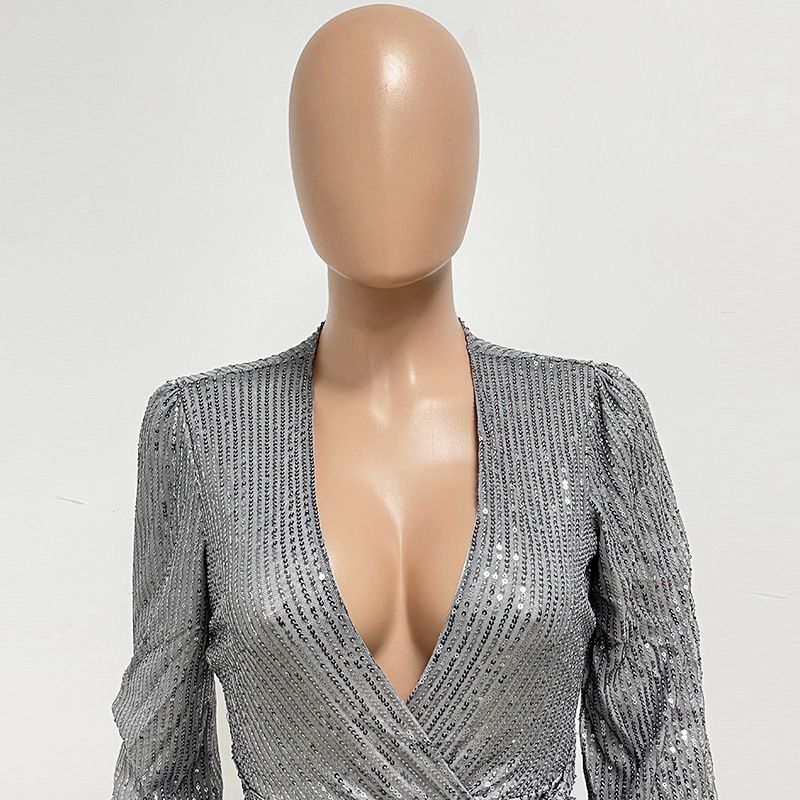 Damkläder Ins Style Deep V Mode Casual Jumpsuit Långärmat Bälte Paljett Jumpsuit Dam_voghion.com
